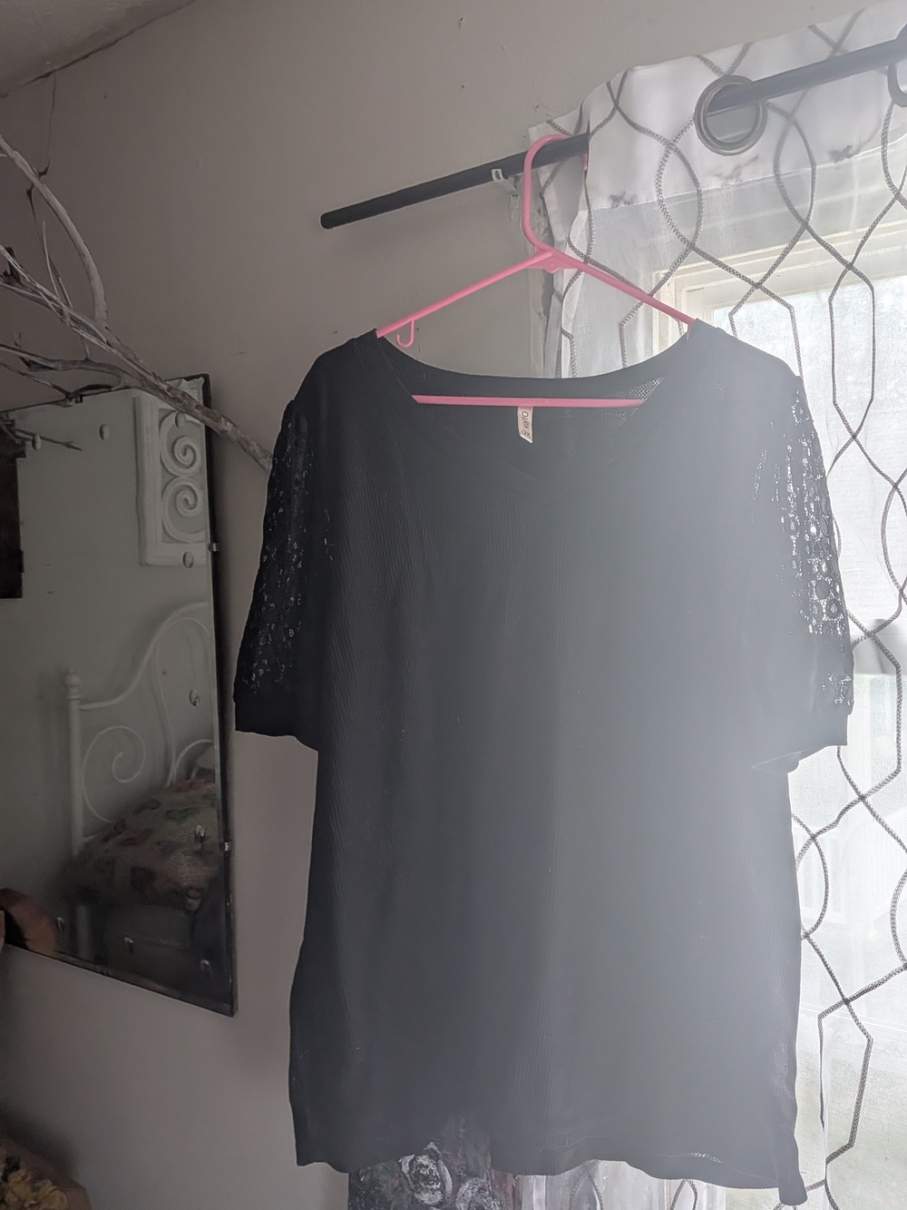 Women's Black Short-Sleeve Tee with Lace Sleeves